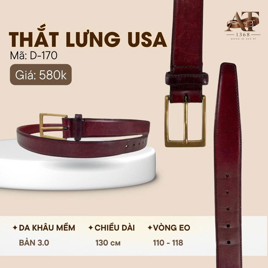 Thắt lưng da nam đỏ mận bản 3cm, eo 110–118cm, ảnh 1/7