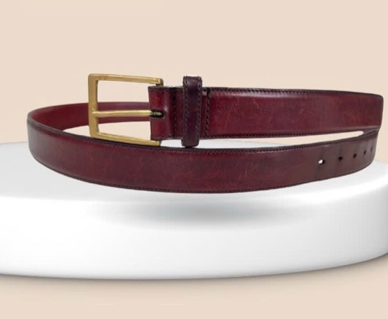 Thắt lưng da nam đỏ mận bản 3cm, eo 110–118cm