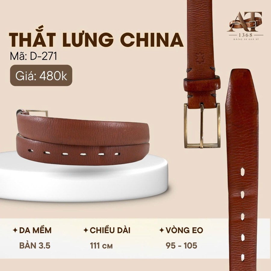 Thắt lưng da nam nâu bò bản 3.5cm, eo 95–105cm, ảnh 1/6