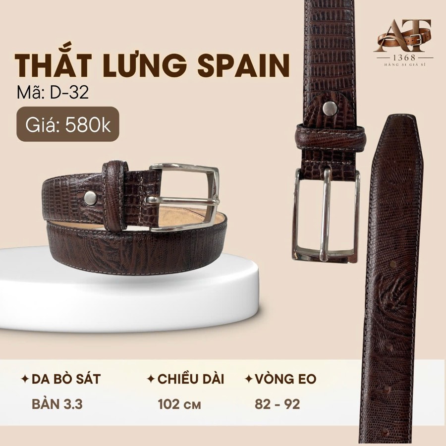 Thắt lưng da nam nâu sẫm bản 3.3cm, eo 82–92cm, ảnh 1/6